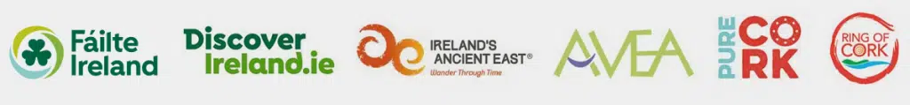 A series of colorful irish tourism logos, including fáilte ireland, discover ireland, ireland's ancient east, and iava, concluding with a round emblem for ring of cork.