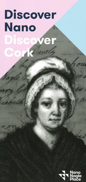 Promotional poster for "discover nano discover cork," featuring a vintage illustration of a woman in historical attire with a modest smile, set against a split pink and blue background with script text overlay.