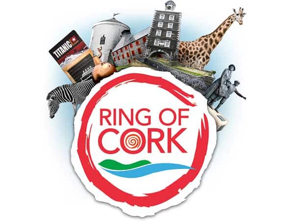 Collage for "ring of cork" featuring a logo, a model of the titanic, a historic building, and animals like a giraffe and zebra, illustrating diverse attractions.