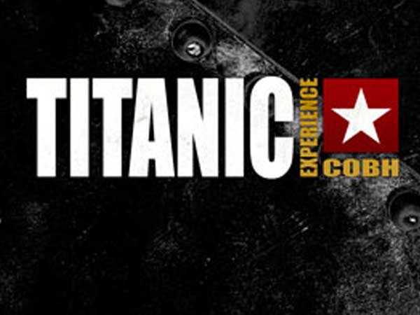 Logo for the titanic experience cobh, featuring bold white text on a black background with a red star in the upper right corner.