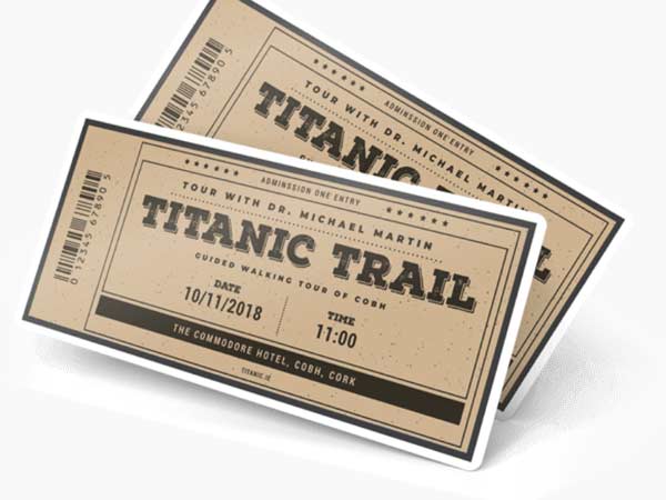 Two tickets for the "titanic trail" guided walking tour, featuring information and date details, displayed against a white background.